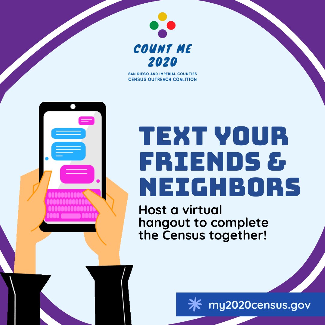countme2020's tweet photo. 10 DAYS LEFT to be counted in the #2020census. Today, text your friends and neighbors to help them be counted in the census. Host a virtual hangout and catch up while you're at it! Be counted today: https://t.co/97jGiFBfu9 

#everyonecounts #countme2020 https://t.co/UXgiNlyKqR
