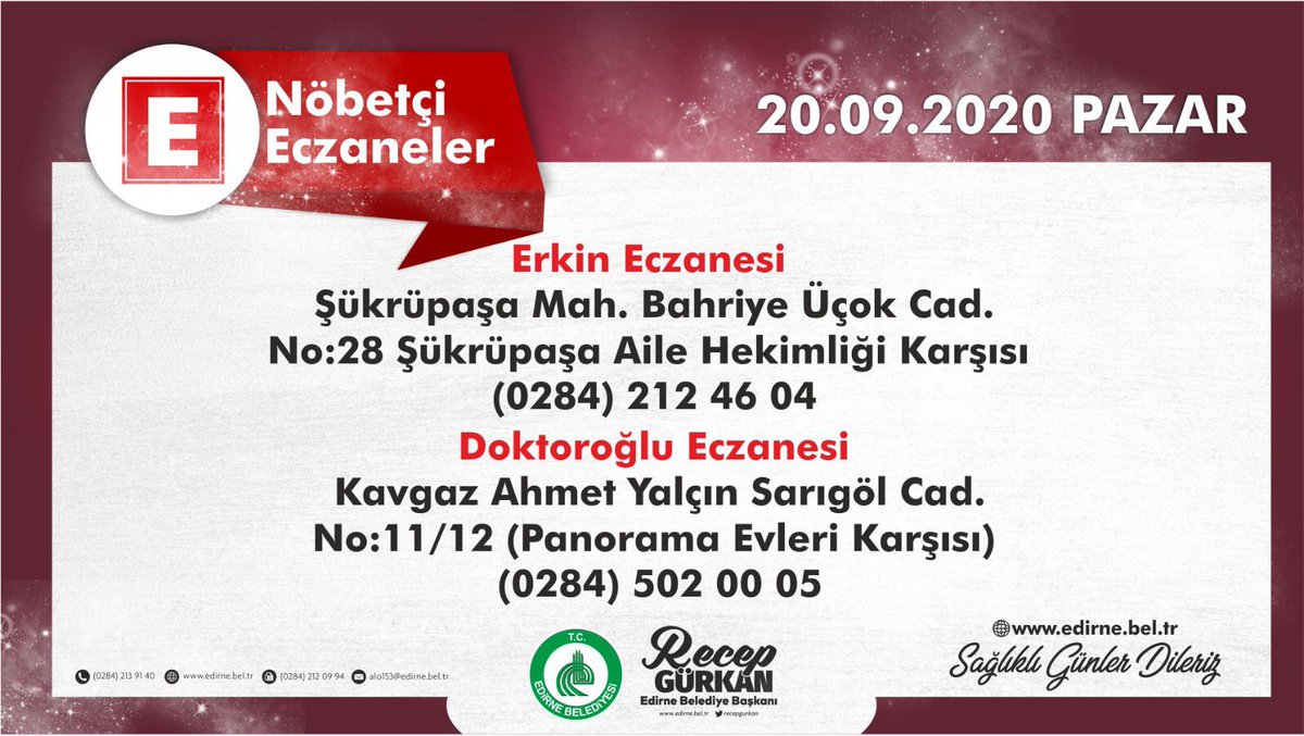 20 Eylül 2020 #nöbetçieczane Sağlıklı Günler Dileriz.