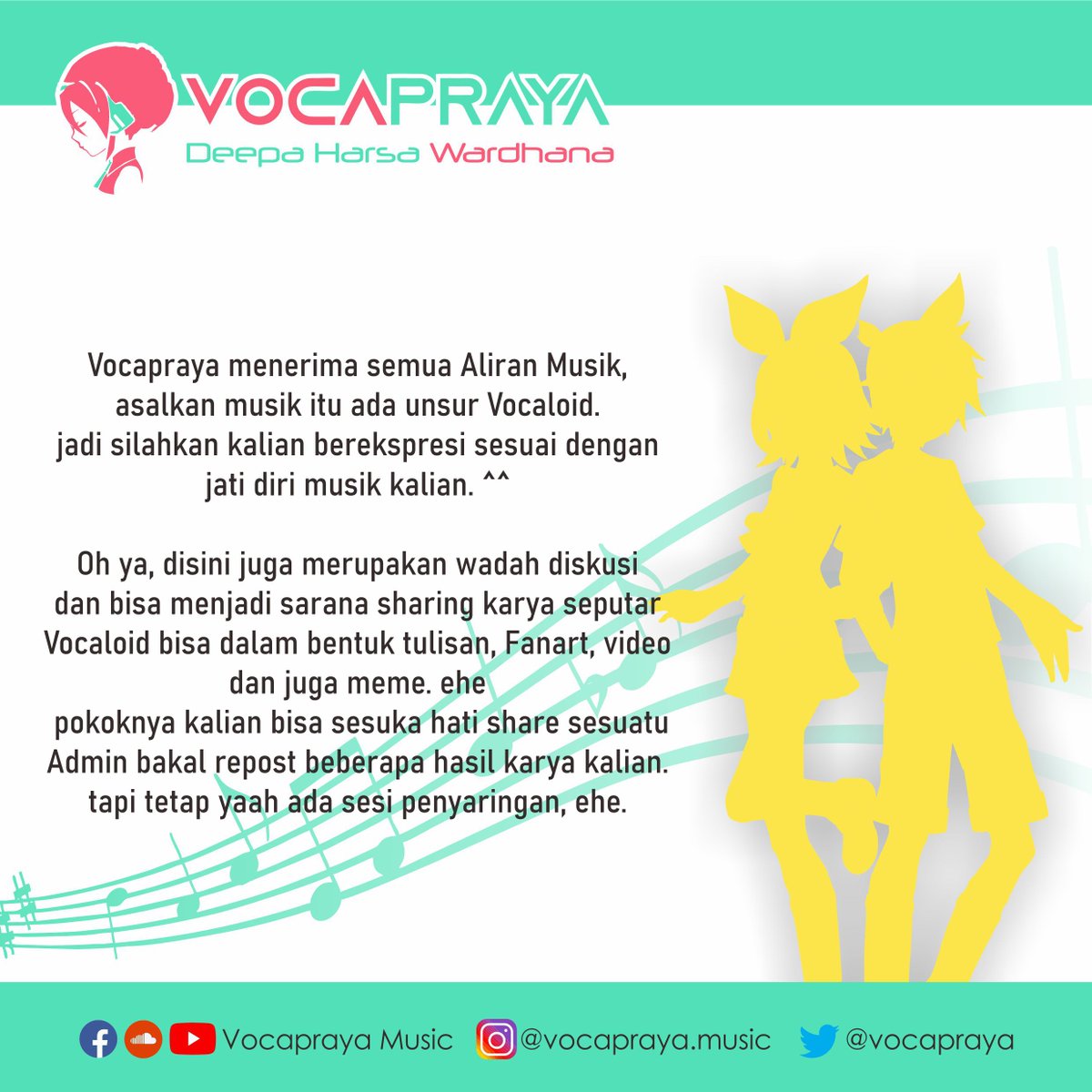 vocapraya's tweet photo. Yuk Kenalan dengan Vocapraya Music ^^
#MakeVocaloidGreatAgain #HatsuneMiku #vocaloid #kagaminerin #kagaminelen #MegurineLuka #KAITO #MEIKO #Gumi #PiaproJP #anime #art #music #jpop #dj #label #mikuhatsune #mikuexpo https://t.co/p0GhBrHaOR