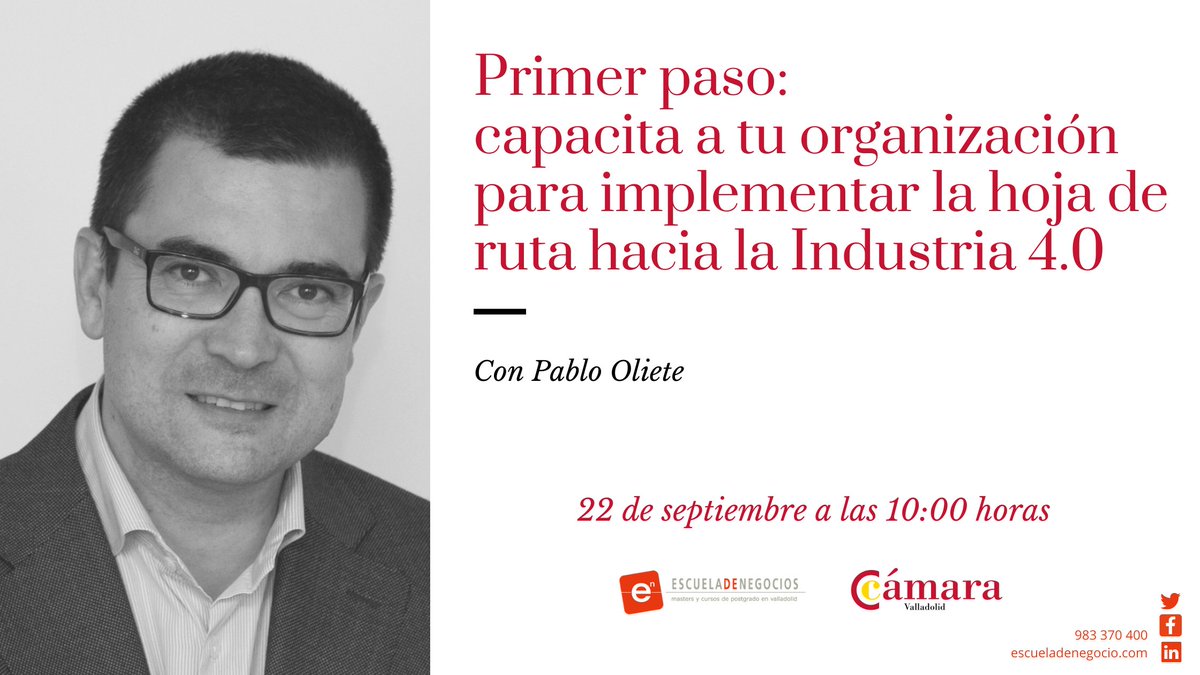 🗓️ 22 de septiembre, 10:00h

Junto a <a href="/pablooliete/">Pablo Oliete</a> de <a href="/FomTalent/">FomTalent</a> analizaremos los pasos para implementar #la Industria 4.0 en las organizaciones 

🔗  ow.ly/utvw50BvSfu