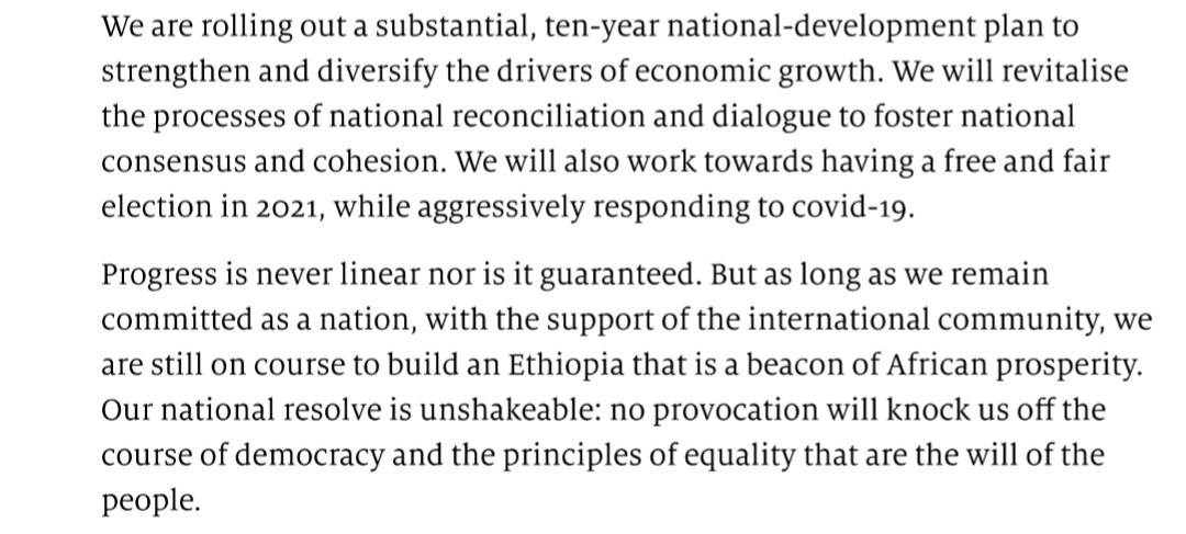 But this charm offensive works. In fact, it's what defines the relationship between Ethiopian state/its leaders with their external sources of power & legitimacy. The west want to hear/read from Ethiopian leaders that they "remain committed to democracy." In fact It's what...5/7