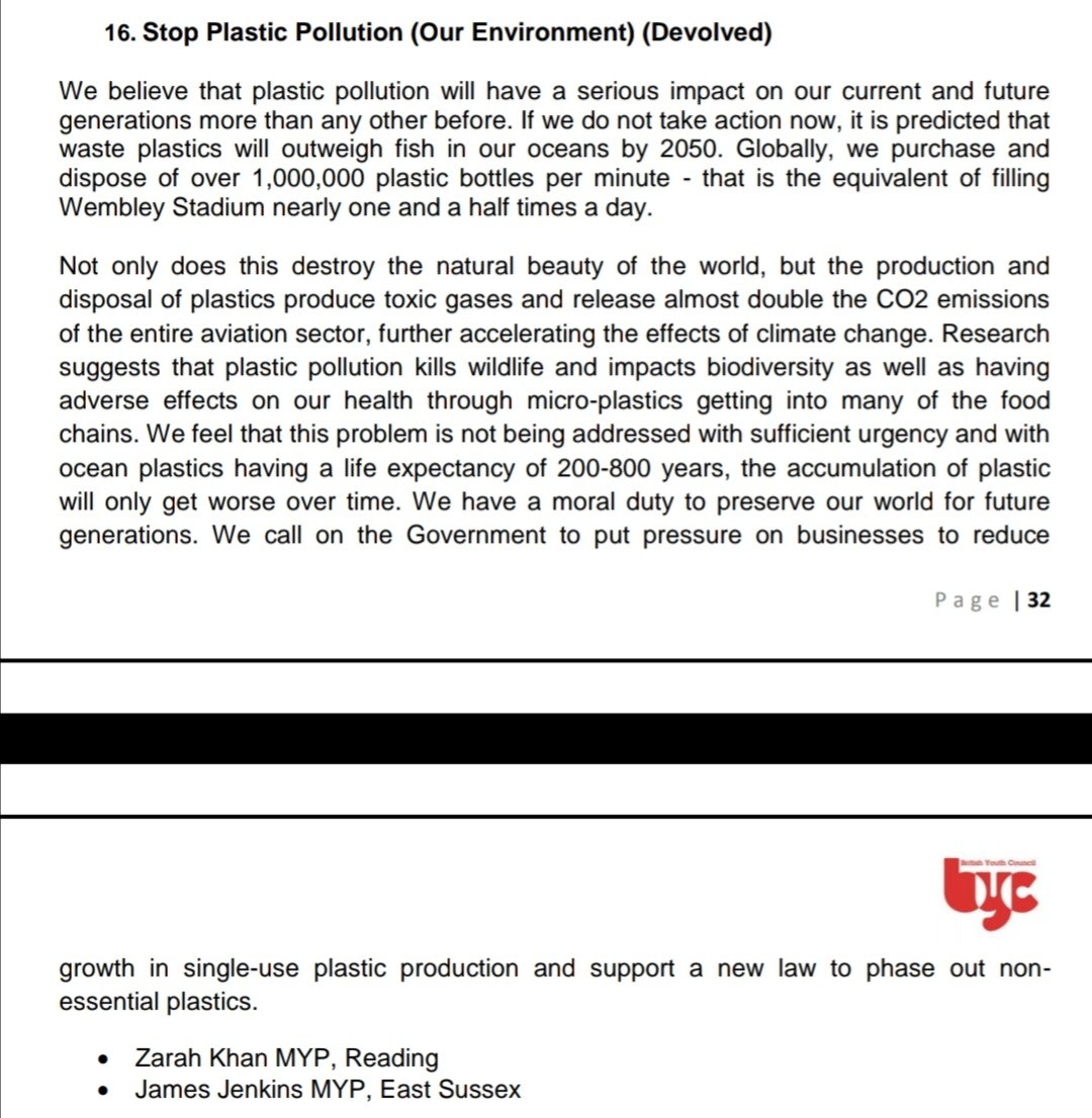 Last weekend, @zarah_khan01 attended the @UKYP online annual conference, as an elected representative for Reading. Her policy motion on stopping plastic pollution won a majority of votes by other MYPs and has made it onto the manifesto! Have a read below 👇📖 #rdguk @bycLIVE