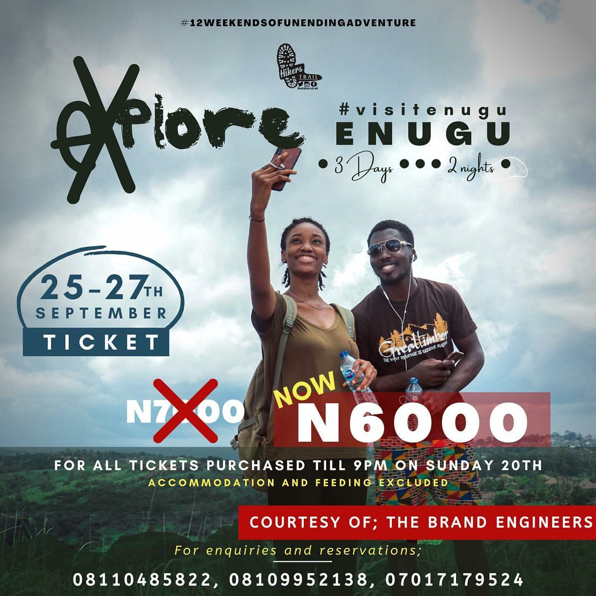 There’s no reason you should miss this tour.Early bird ticket sale ends today and there’s a hot  deal. N1000 off every regular ticket bought before 9 pm today. Let’s explore Enugu next weekend.Remember, when we take you outdoors, we don't leave your stomach empty. #Enugu