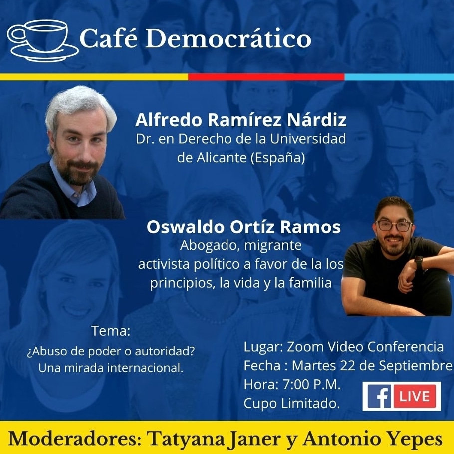 CafeDemocratic's tweet photo. Estimados amigos!! 
El próximo martes 22 de Septiembre, estaremos conversando con Oswaldo Ortíz, Abogado e influencer radicado en los Estados Unidos, y con el Dr. en Derecho, Alfredo Ramírez; sobre el controversial tema del  Abuso o Autoridad en nuestras Entidades de la Policía. https://t.co/Y9BHhIGDyb