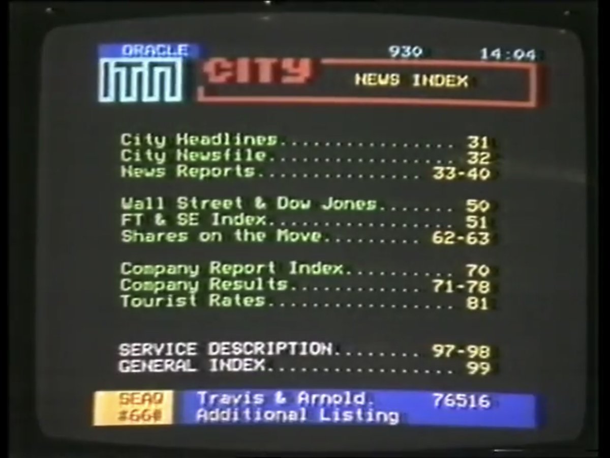 Darrenmeldrum's tweet photo. @grim_fandango Any idea what this is? It’s from 1987 and it looks like Oracle and even says Oracle top left but I think this is a viewdata / Prestel version of the service. I don’t think genuine Oracle ever had two digit page numbers? https://t.co/PndQdyIlQb