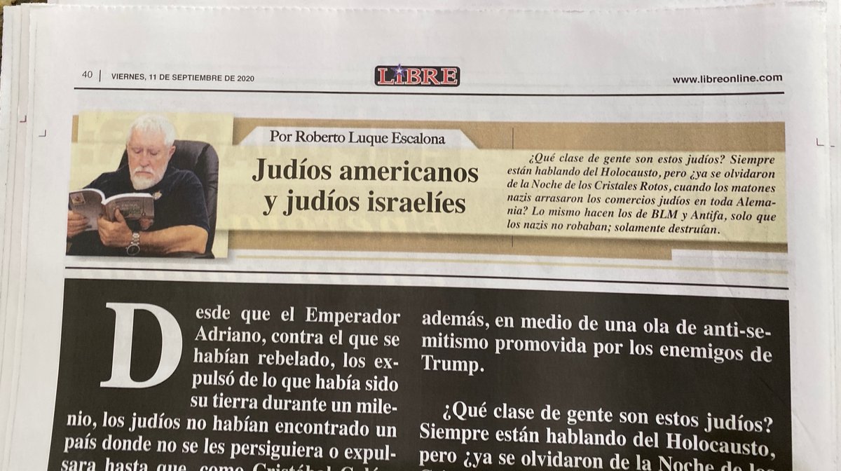 Another column inside  @elnuevoherald castigated American Jews as "cowards" for supporting racial equality, compared  #BlackLivesMatter   to Nazis and their protests to Kristallnacht and the Holocaust. "What kind of people are these Jews? I don’t like them. I don’t like them at all."