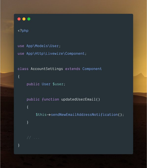 If you didn't know, @LaravelLivewire now triggers "updated" and "updating" hooks for nested properties, which works with both array and model properties! https://t.co/0RtwRPgfld