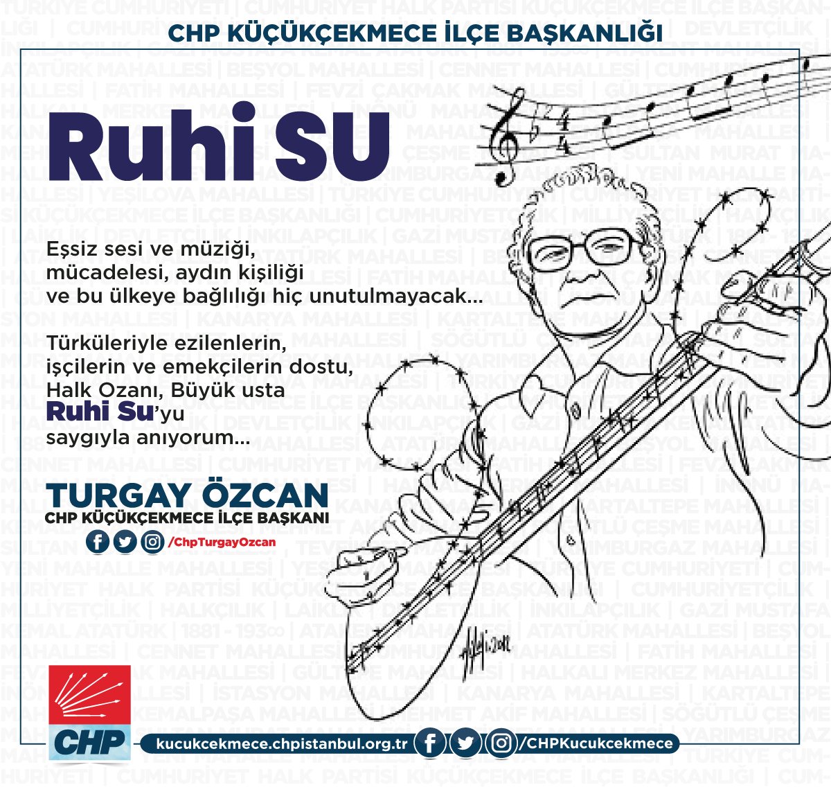 Eşsiz sesi ve müziği, mücadelesi, aydın kişiliği ve bu ülkeye bağlılığı hiç unutulmayacak...

Türküleriyle ezilenlerin, işçilerin ve emekçilerin dostu, Halk Ozanı, Büyük usta #RuhiSu ’yu saygıyla anıyorum...

Turgay Özcan
İlçe Başkanı