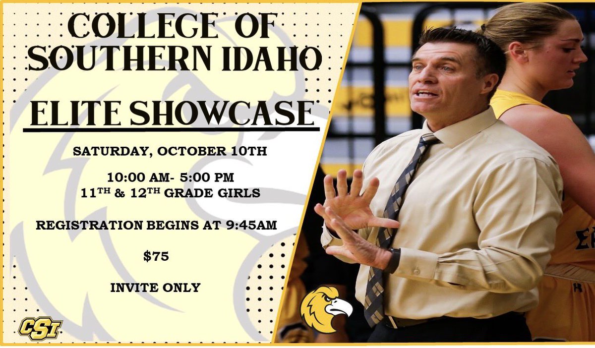 🚨🏀CSI Elite Showcase🚨🏀
📆  Saturday, October 10th
⏰ 10am-5pm
👩‍🦱 Girls, Grades 11&amp;12
💰 $75 
🎞 Event live streamed and filmed for evaluation
