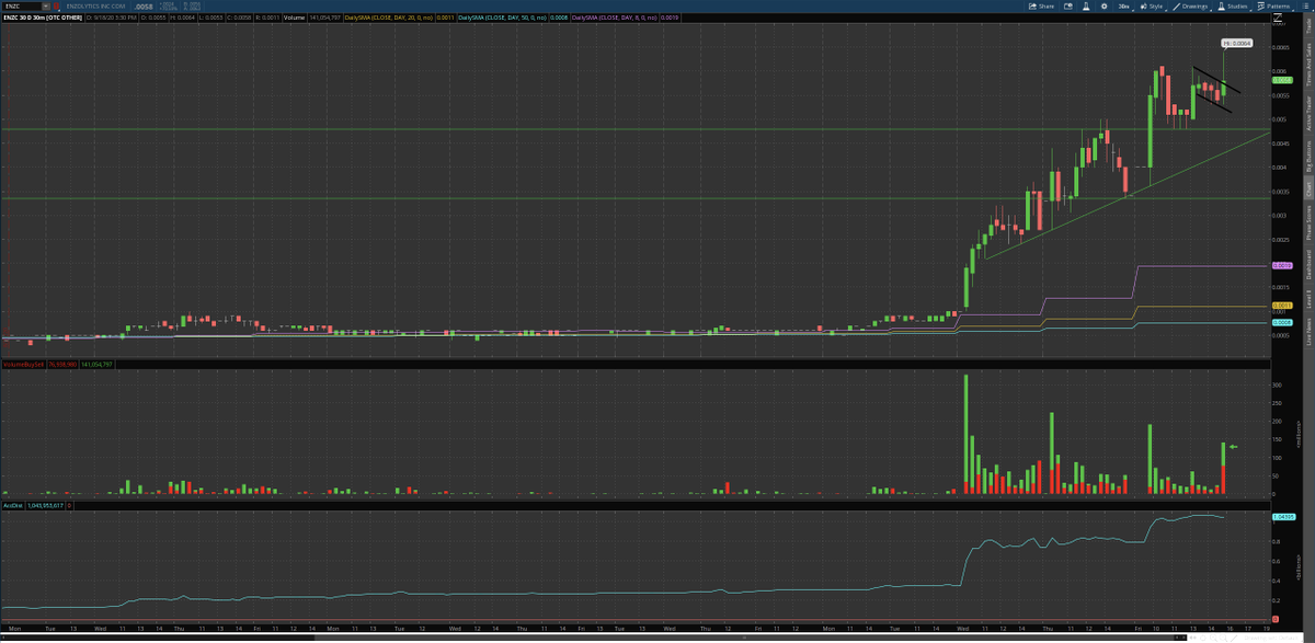  $ENZC Volume is off the wall here! Can't just sit and ignore that! Check out that last 30m volume candle Friday  140+ million shares in 30m! Breaking out of that flag and wide open now! Lets see what Monday brings! My prediction..Gap, dip and a hard push towards 01+  $RNWF  $TOMI