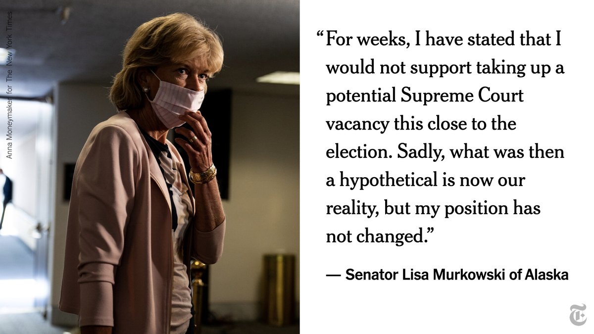 nytimes's tweet image. Sen. Lisa Murkowski said in a statement on Sunday that she would not vote to confirm a Supreme Court nominee before Election Day, complicating Republican efforts to let President Trump swiftly fill the vacancy left by Justice Ginsburg’s death. 
nyti.ms/2RINaaH
