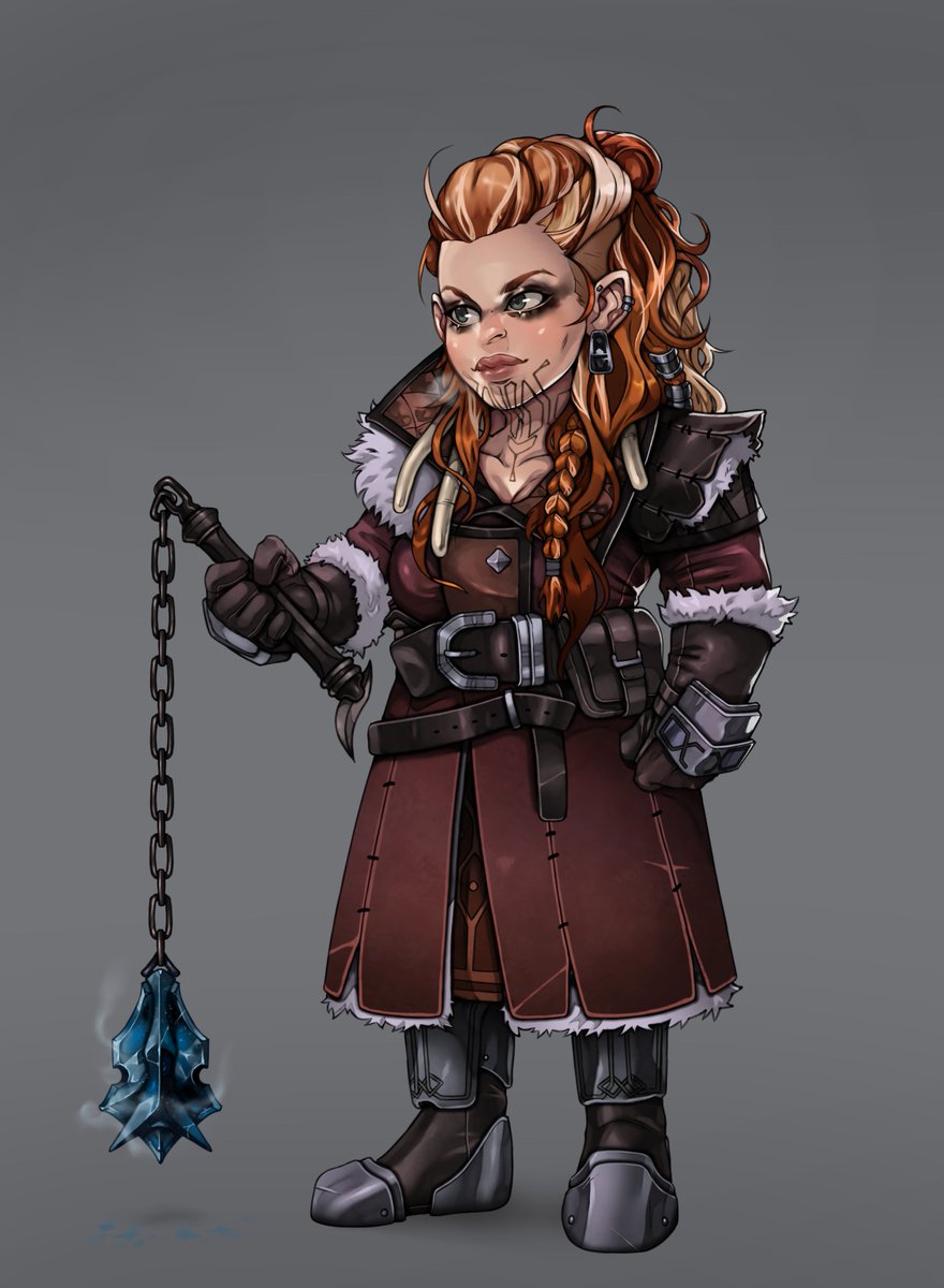 Vuani Ashenmane, my Dwarf Hexblade for our Frostmaiden campaign (That starts next week! Whoo!) Vuani is the inheritor of Blackshard, an (unbeknownst to her) soul-devouring demonflail. #dungeonsanddragons #DnD #RotFM #IcewindDale