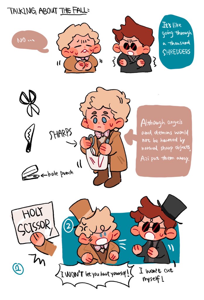 Chris_imfine's tweet image. #GoodOmens #GoodOmensFanArt 
paper angel and paper demon ~
（About the translation: I try my best...)
是真·纸片人！！我尽力翻译了…中文版的可以看我的lof