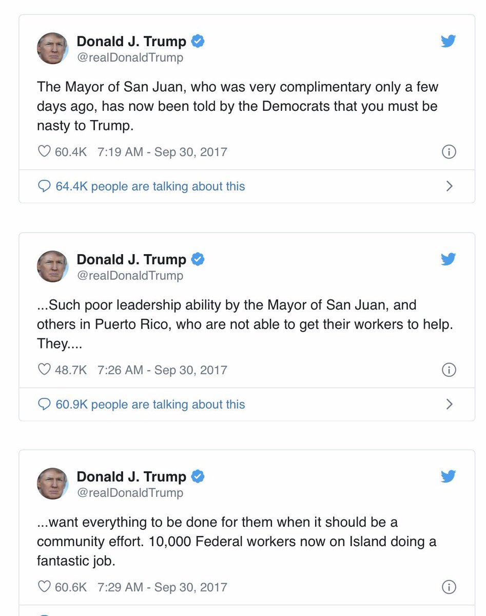 PROHIBIDO OLIVDAR - FORBIDDEN TO FORGET The series of tweets posted by the president of the United States, intended to dehumanized American Puerto Rican’s.Ten days after the hurricane,  @realDonaldTrump was already making racist comments, “They want everything done for them.”