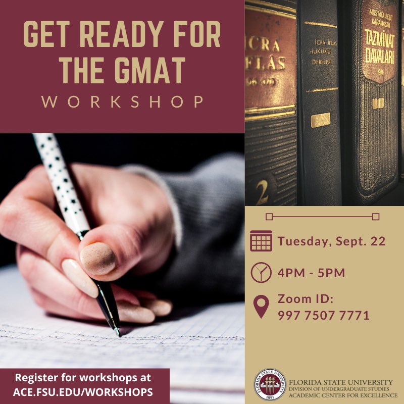 FSU_ACE's tweet photo. Interested in getting your MBA? Preparing for the GMAT? Attend our “Get Ready for the GMAT” workshop this Tuesday at 4pm! #ACEWorkshops #GMAT #GMATPrep #VirtualFSU
*Register at https://t.co/ipQlXQJy1y* https://t.co/v8wzTqTPCZ