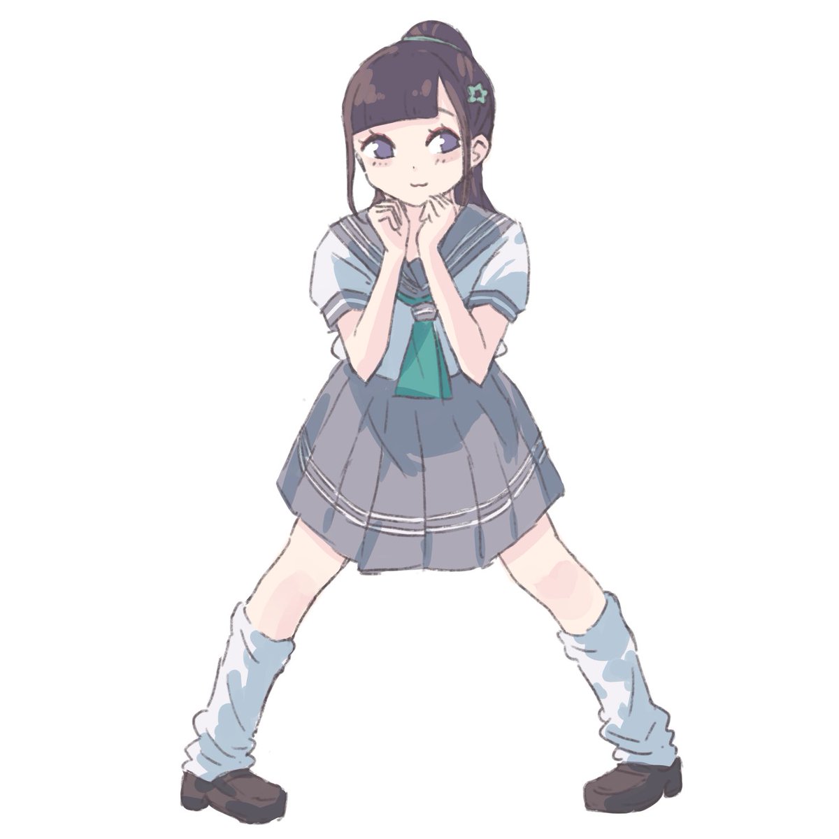 1girl solo skirt school uniform socks ponytail grey skirt  illustration images