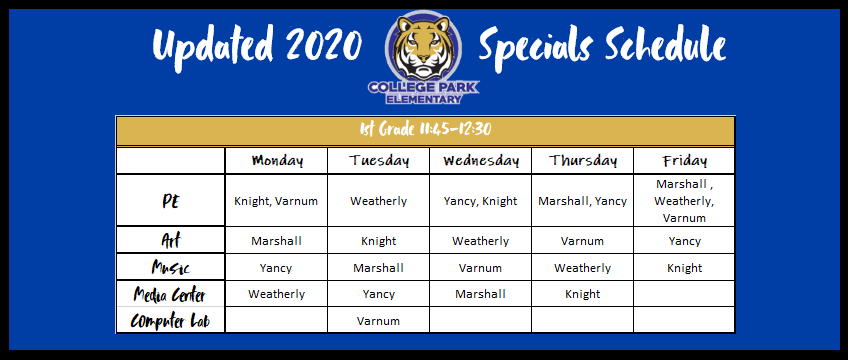 cpes_music's tweet photo. With Phase 3 starting tomorrow, the Specials schedule is changing! Classes are now 45 minutes long. Here are the schedules for K, 1, &amp; 2. (Can also be found on the Specials Website) @NewCollegePk_ES @CPES_VisualArts @CPPE_FCS @iAmAllisonB https://t.co/pH078k1yGO