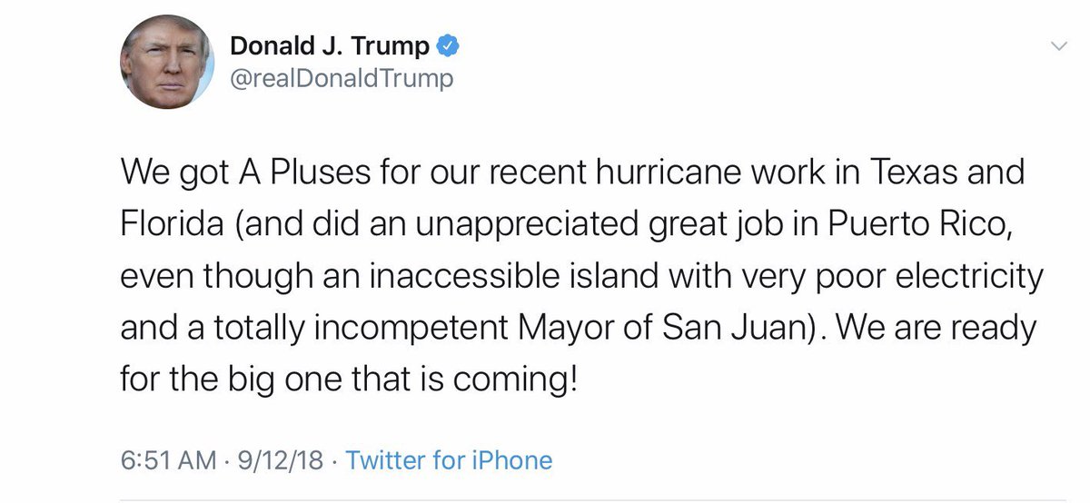 PROHIBIDO OLIVDAR- FORBIDDEN TO FORGET SEPTEMBER 12, 2018, Trump calling Puerto Rican’s unappreciative for the hack job he did in Puerto Rico, and bad mouthing the mayor.