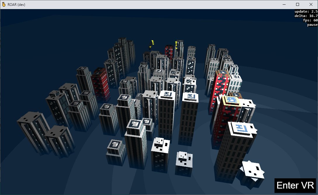 The scene typically consists of 64 buildings, each made of 5 cubes on average. That's ca. 300 draw calls and over 10,000 vertices just for the environment. There are also another ~50 draw calls for the hands and other props.