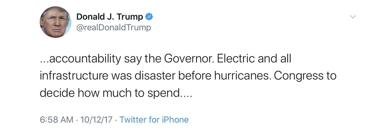  @realDonaldTrump complaining and whining on aid, and not wanting to keep FEMA in Puerto Rico three weeks post Hurricane Maria. Trump would spend the next three years following the hurricane blocking aid to the island.The president’s own tweets OCTOBER 12, 2017.