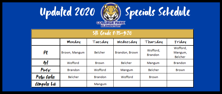cpes_music's tweet photo. With Phase 3 starting tomorrow, the Specials schedule is changing! Classes are now 45 minutes long. Here are the schedules for 3rd, 4th, &amp; 5th @NewCollegePk_ES @CPES_VisualArts @CPPE_FCS https://t.co/tFK24XuIjo