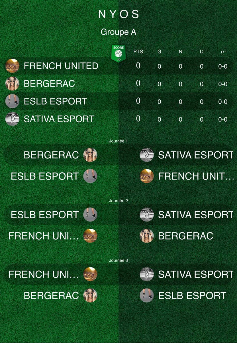 📝 PROGRAMME DU DIMANCHE 29 SEPTEMBRE 🗓️

TOURNOI <a href="/NyosTeam/">Nyos Gaming Esport</a>

Début du tournoi à 21h20
<a href="/UnitedFrench/">French Buldogs United</a>
<a href="/BPFC_eSport/">Bergerac Périgord FC eSport</a>
ESLB Esport

➡️ Bonne chance à tous ! 🔥

Retrouver nous dès 21h en live sur la chaine twitch du club
twitch.tv/sativaesport?s…