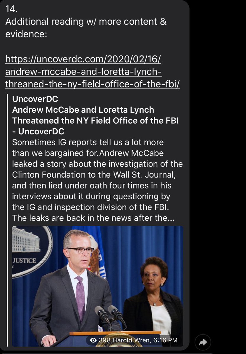 15. Link:  https://uncoverdc.com/2020/02/16/andrew-mccabe-and-loretta-lynch-threaned-the-ny-field-office-of-the-fbi/(End)