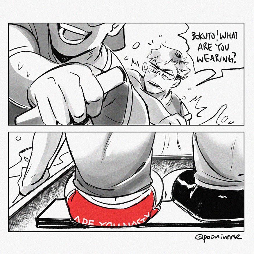 Day 6: Booty Shorts ??✨

[Dragon boat AU]
He forgot to wash his laundry and he only has this short left for practice ? 
#BokutoWeek2020 
#haikyuu #ハイキュー 