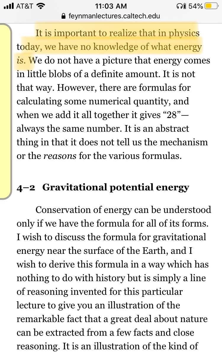 2/ What is energy?We can't see it with our eyes nor feel it with our senses. Indeed, as Feynman put it: "We have no knowledge of what energy 𝘪𝘴." (Feynman Lectures vol. 1, 4-1)Yet, we know it's real because it's one of our best explanations of what happens in reality.