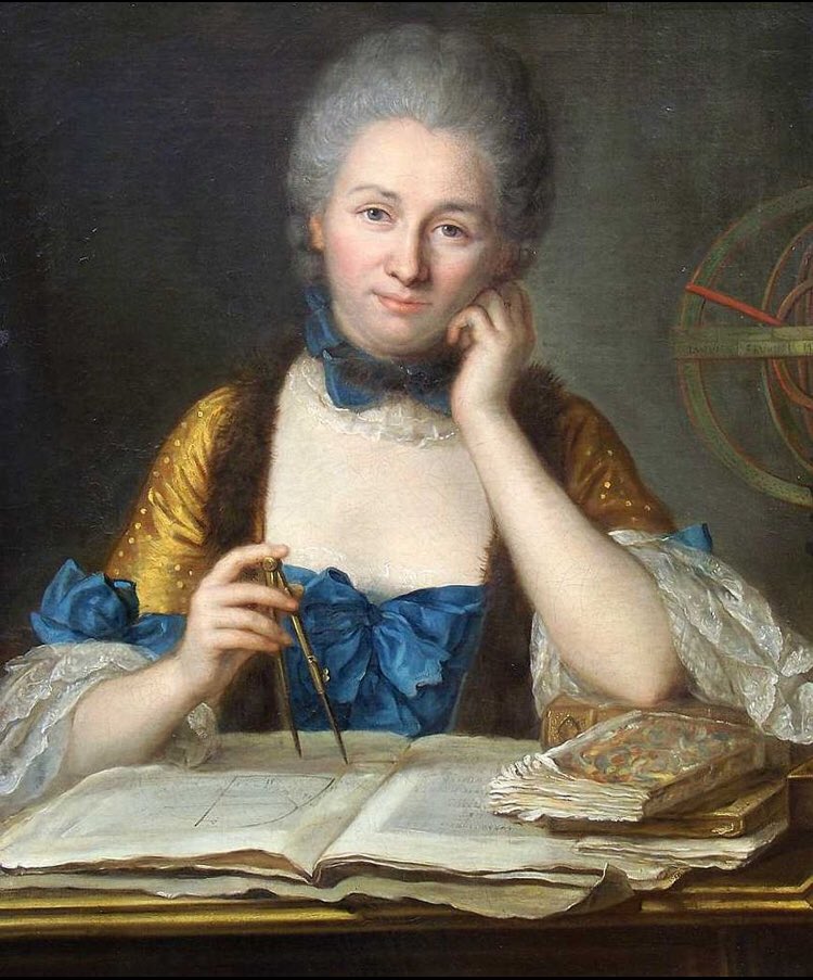 6/ Enter Émilie du Châtelet, who studied math+philosophy w the likes of de Maupertuis, held court w Voltaire, translated Newton's principia, & wrote a definitive opus on foundations of physics in 1740s. She understood the importance of vis viva and advocated its conservation law.