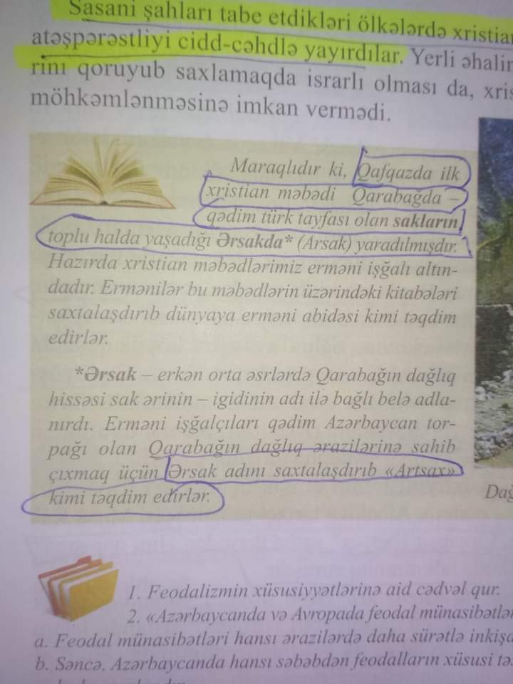 cavidaga's tweet photo. 7th grade "History of Azerbaijan" textbook says Artsakh is falsified form of Arsak, which means "Men of Sak". According to same information, Sak people were ancient Turkic tribe. Completely nuts. https://t.co/LFFaIhFMRU