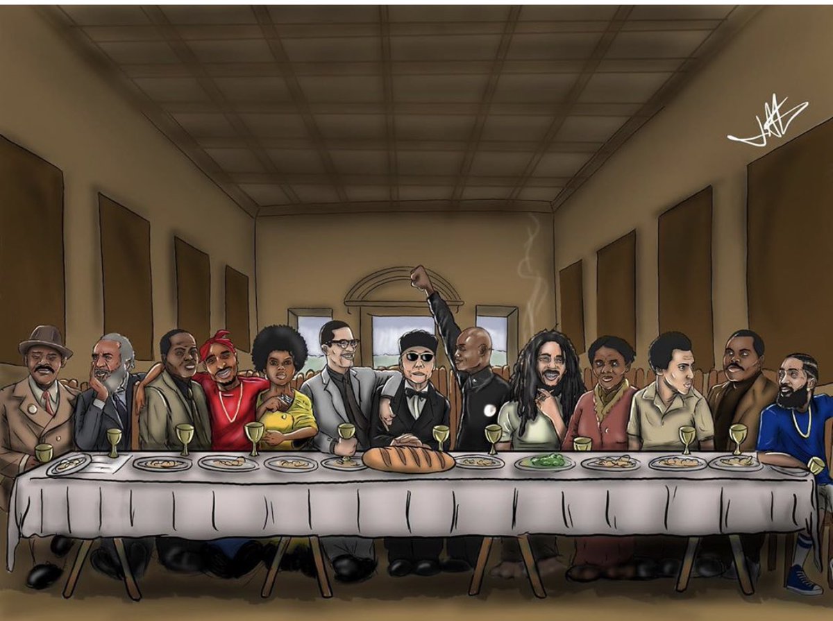 Another addition to the last supper genre. Putting Elijah Muhammad in Jesus’ spot is...This assembly is interesting, too.Pac, Dick Gregory I think, Huey, Garvey, Malcolm, Nipsey, Harriett...