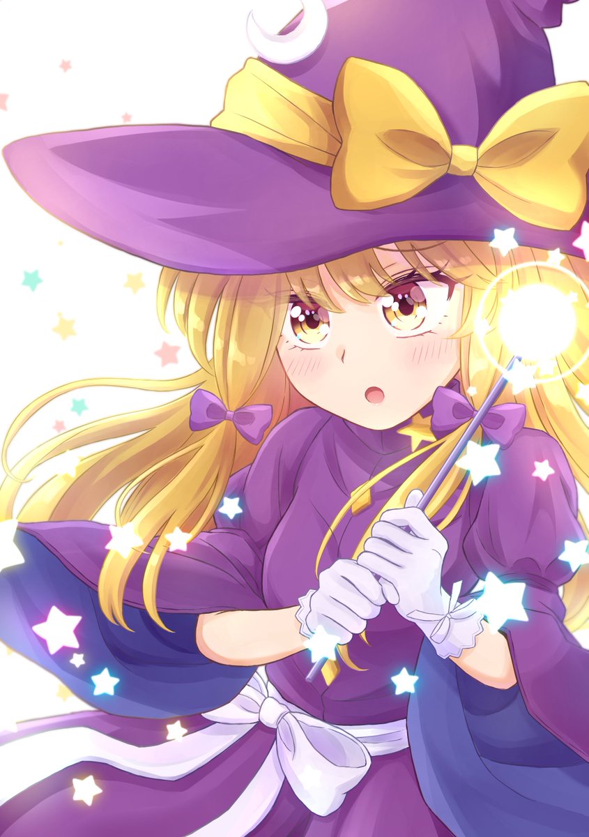 kirisame marisa 1girl hat wand blonde hair solo witch hat bow  illustration images