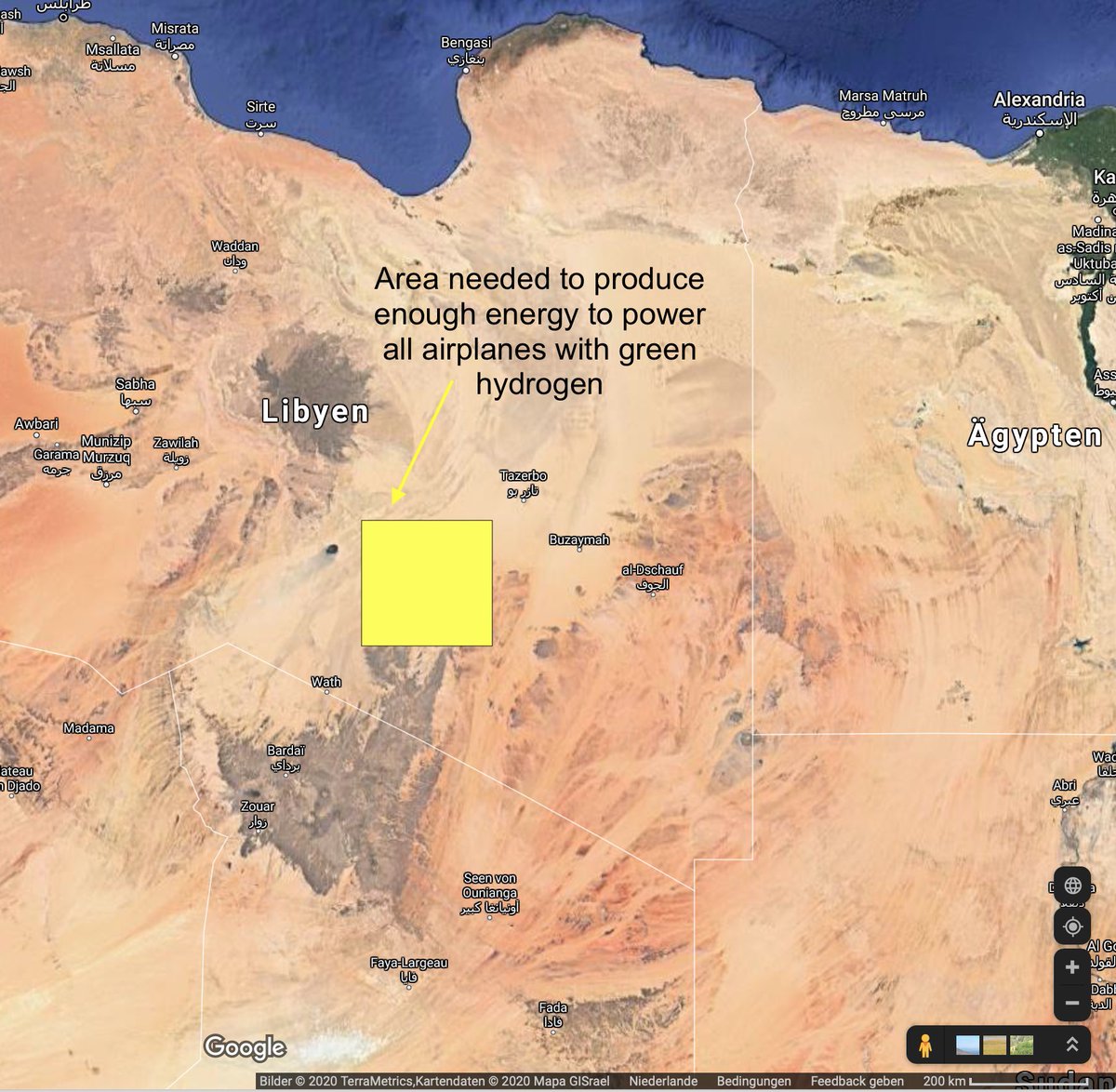 To generate 3.36e12 kWh, we would then need an area that is 240 x 240 km^2 large. It might look like this on Google maps... (perhaps a sustainable business model for the Maghreb countries?) 7/