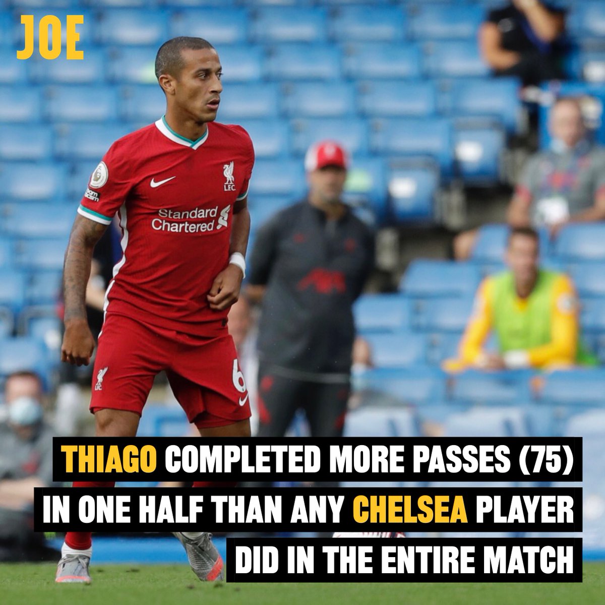 Thiago completed the most passes in a single half of football since the Premier League began recording stats