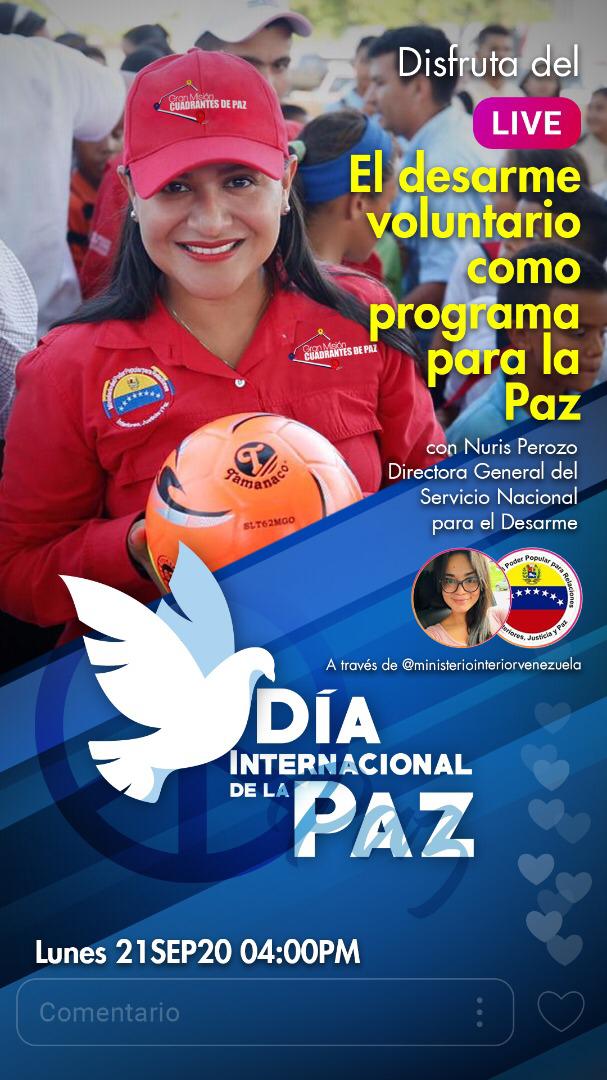 MIJPSenades's tweet photo. Este lunes #21Sep a las 4:00 pm, en el Día Internacional de la Paz, la Dir. Gral. del #Senades, Nuris Perozo, estará conversando sobre el desarme voluntario como política de promoción para la paz, a través de un Live por la cuenta en Instagram: ministeriointeriorvenezuela https://t.co/xXqh5VB8yz