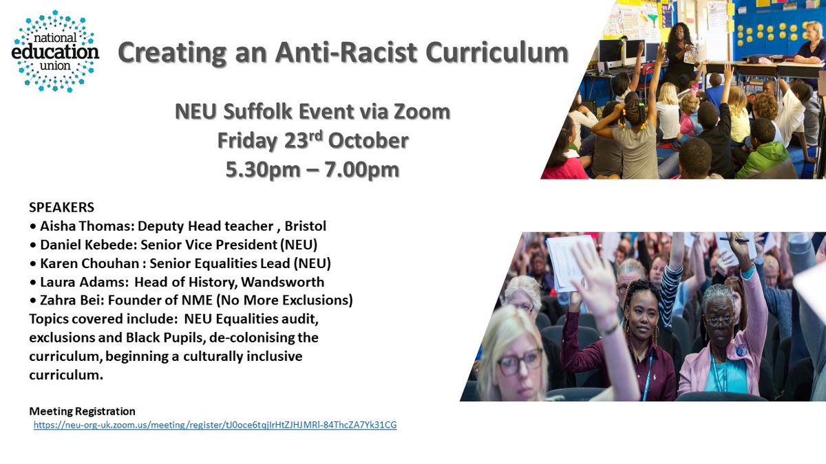 Creating an Anti-Racist Curriculum Online Event
To register use link - neu-org-uk.zoom.us/meeting/regist…