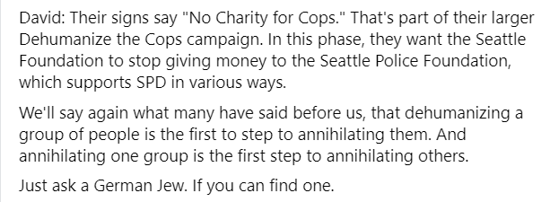 ICYMI: Safe Seattle accused us of trying to do a Hitler on the copsWe've been caught. They got us dead to rights.Our event was originally titled "Cut the Tall Trees" but we thought "No Charity for Cops" would be subtler.(1/17)