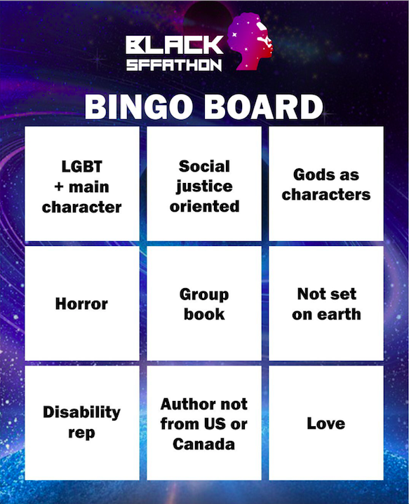 Prompts starting at upper left corner going from left to right: LGBT+ main character, social justice oriented, gods as characters, horror, group book, not set on Earth, disability rep, author not from US or Canada, love