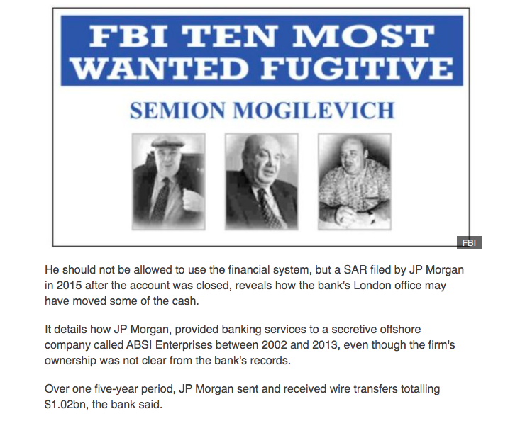 A 2015 SAR details JP Morgan services for secretive offshore company ABSI Enterprises from 2002-2013, in a 5-year period JP Morgan sent & received $1 billion in wire transfersABSI's parent company may be linked to organized crime boss Semion Mogilevich https://www.bbc.com/news/uk-54225572