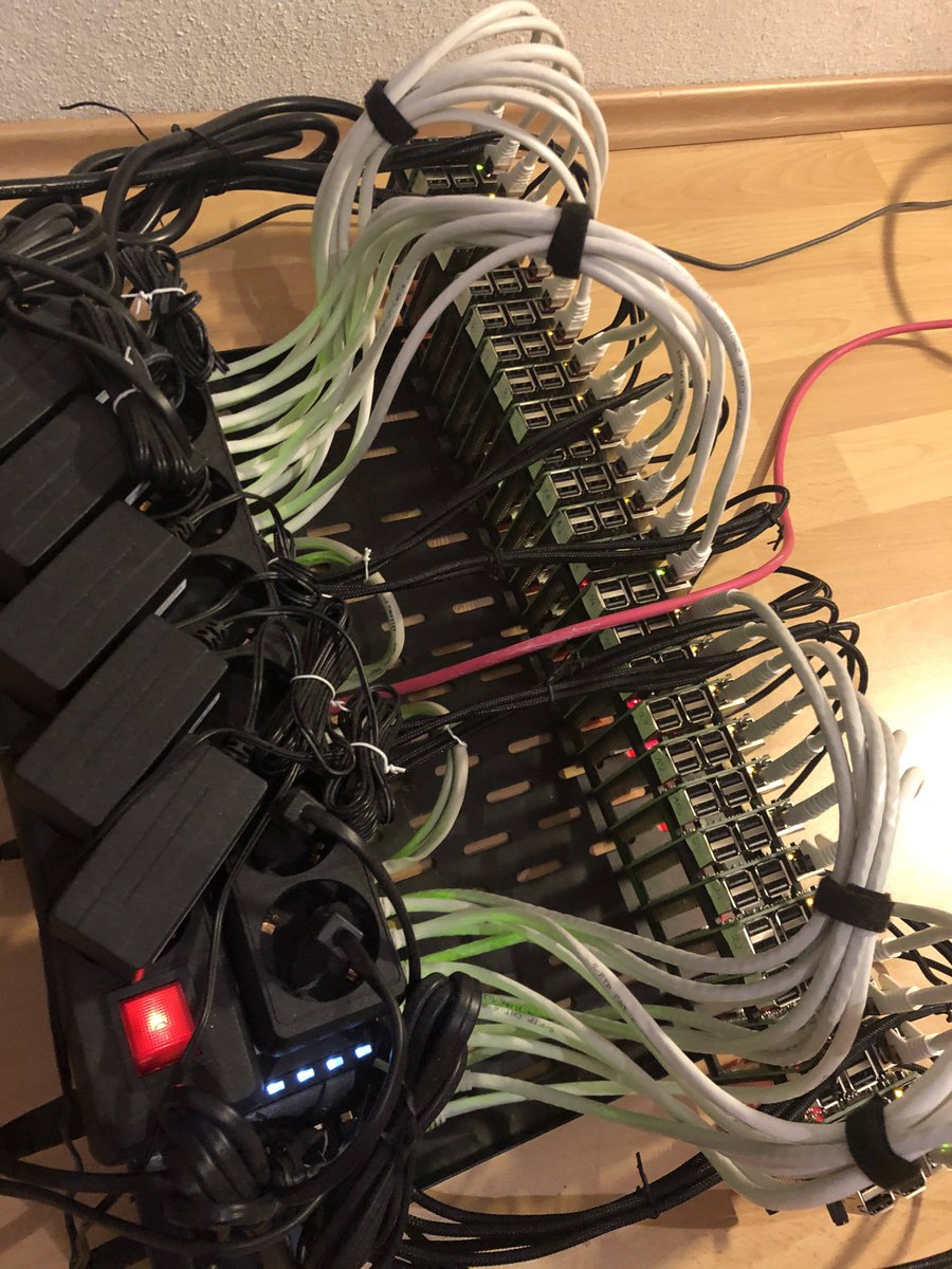 Aschenbrenner's tweet photo. My 27 (!) node Raspberry Pi 3 Cluster with k3s Kubernetes is up and running! A more detailed blog posting will come tomorrow. https://t.co/efZd0QKNHn
