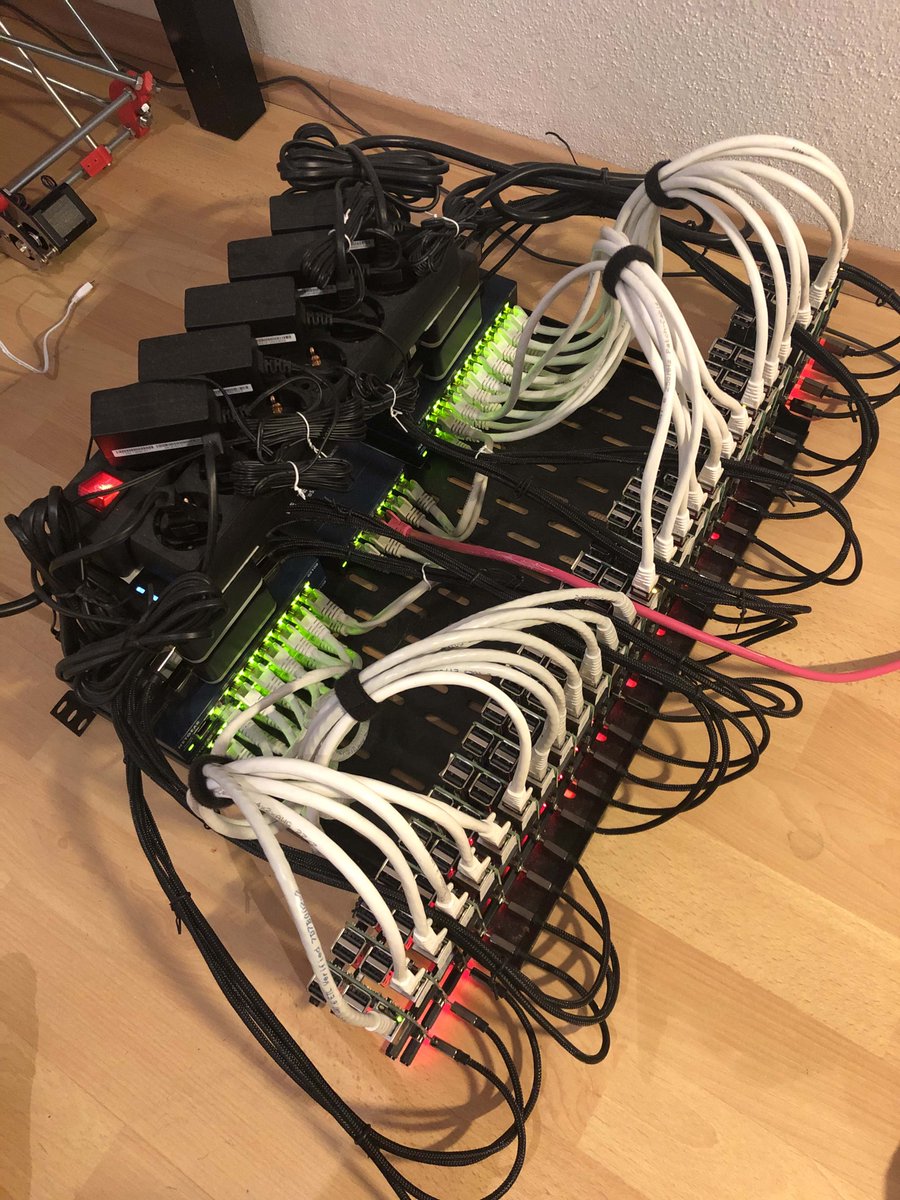 Aschenbrenner's tweet photo. My 27 (!) node Raspberry Pi 3 Cluster with k3s Kubernetes is up and running! A more detailed blog posting will come tomorrow. https://t.co/efZd0QKNHn