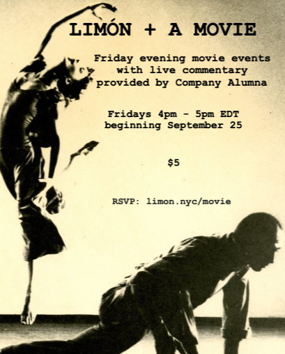 LimonDance's tweet photo. This coming Friday, September 25, enjoy Limón + a Movie from 4-5 pm EST! Click here to register: https://t.co/2uf06YrcN2
#justdance #LimonTechnique #LimonDanceCompany #LimonIntensive #dancerslife #danceheals https://t.co/YLEYJvA19y