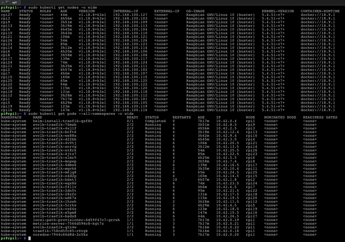 Aschenbrenner's tweet photo. My 27 (!) node Raspberry Pi 3 Cluster with k3s Kubernetes is up and running! A more detailed blog posting will come tomorrow. https://t.co/efZd0QKNHn