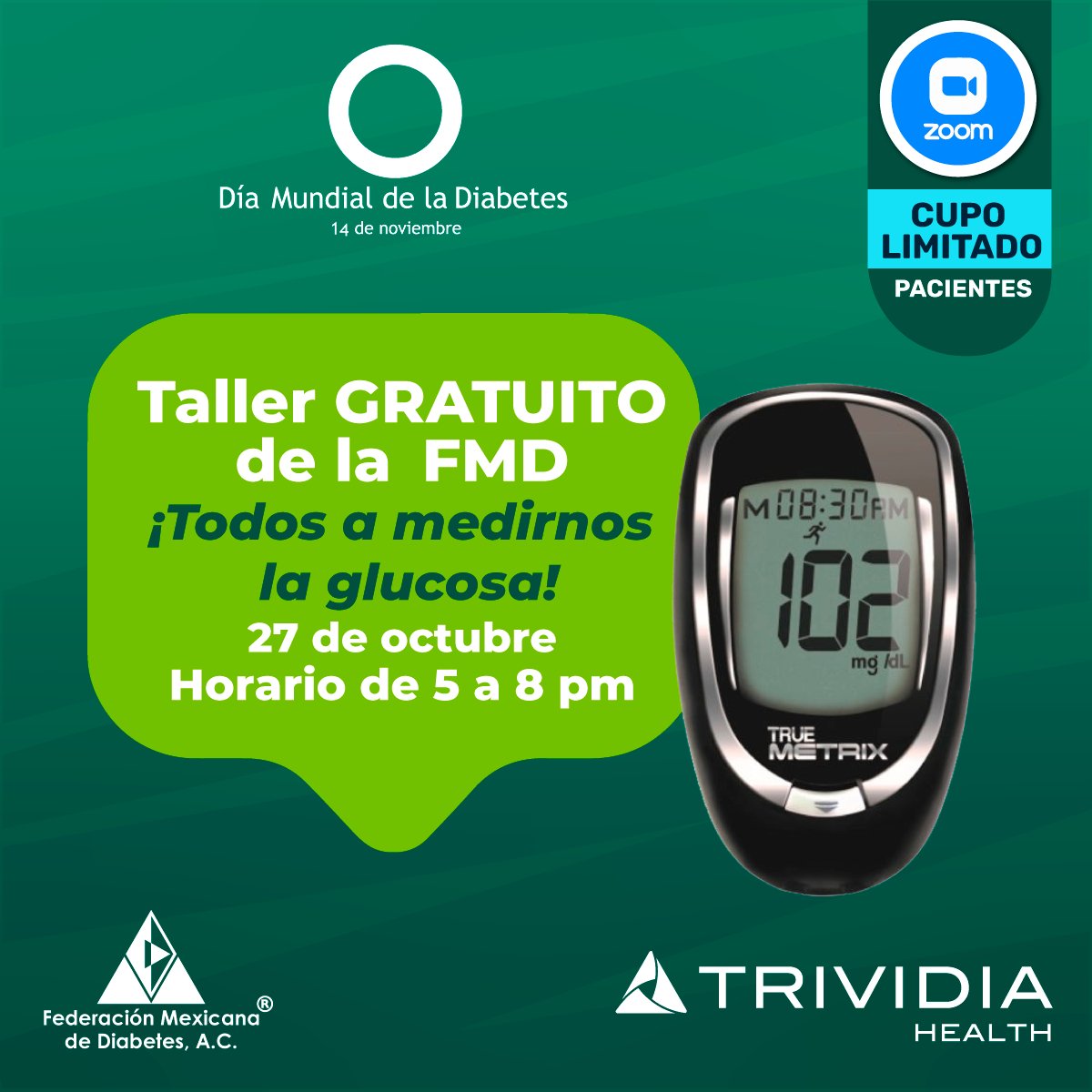 fmdiabetes's tweet photo. ¿Sabes cuándo medir tus niveles de azúcar en sangre y cómo interpretar tus resultados 🤔? Esto y más aprenderás en el taller ¡Todos a medirnos la glucosa! La cita es el 27 de octubre 🗓️ a las 5pm 🕔. Inscríbete enviando tu nombre y teléfono a opiniones@fmdiabetes.org SIN COSTO https://t.co/P82om2isoO