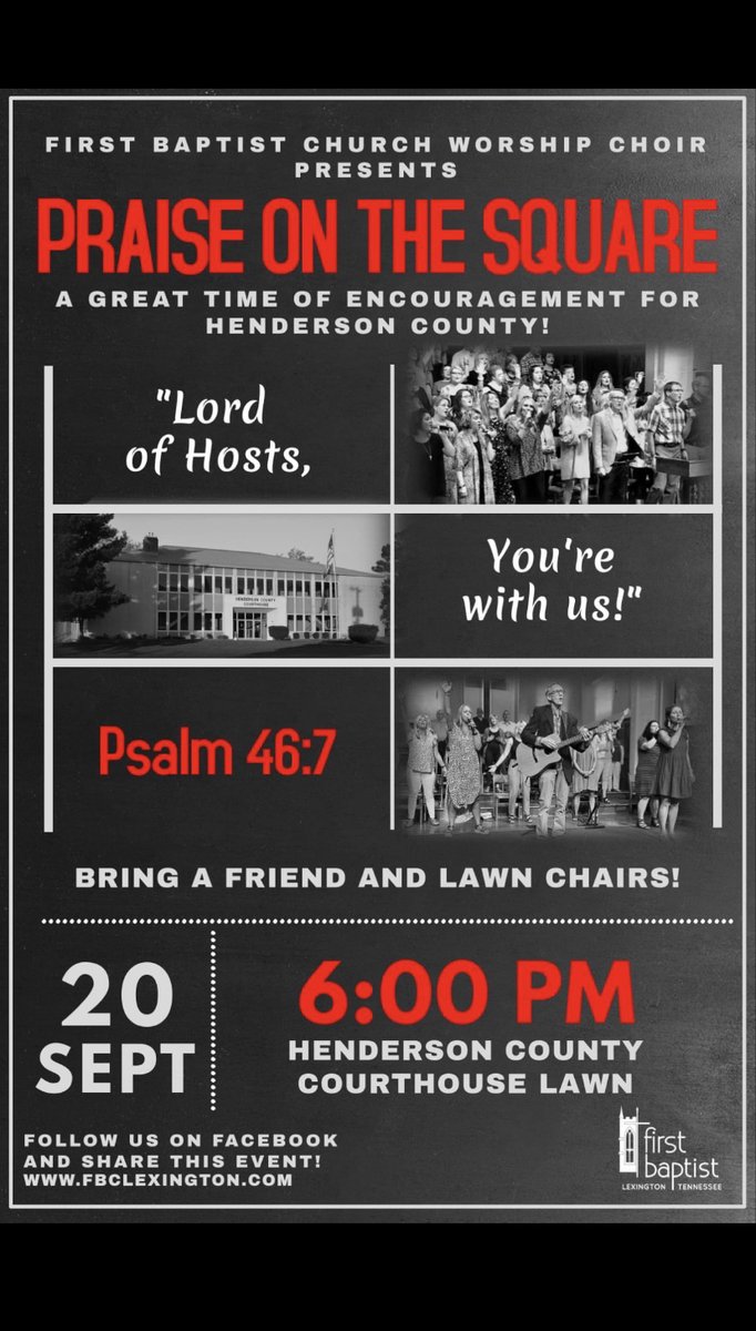 FBC Lexington (@fbclextn) on Twitter photo Praise on the Square, tonight, September 20th at 6 pm at the Henderson County Courthouse! Bring a lawn chair, a blanket, your family, and your friends. We will provide the free cold water and great music from the <a href="/fbclextn/">FBC Lexington</a> music ministry! #praise #lexington Praise on the Square, tonight, September 20th at 6 pm at the Henderson County Courthouse! Bring a lawn chair, a blanket, your family, and your friends. We will provide the free cold water and great music from the <a href="/fbclextn/">FBC Lexington</a> music ministry! #praise #lexington