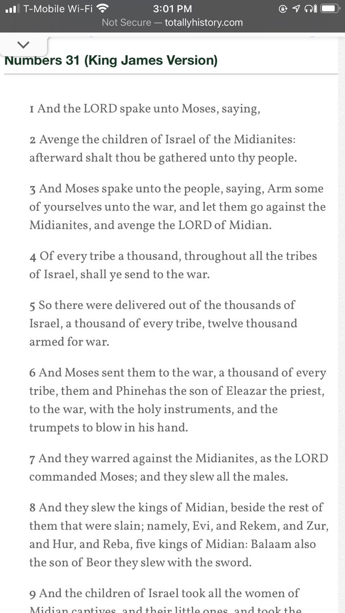 First off Numbers 31. God orders the Israelites to slaughter all the Midianite men. After that he orders them to kill off all the little boys, then to murder all the women and girls who weren’t virgins. Later on to share the virgins amongst themselves as loot.