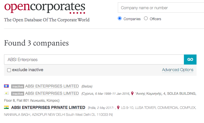 There are 3 companies named ABSI Enterprises, two inactive ones were incorporated in Belize and Cyprus and one incorporated in India that is active The Belize and Cyprus ABSI companies may be linked to Mogilevich https://opencorporates.com/companies?jurisdiction_code=&q=ABSI+Enterprises&utf8=%E2%9C%93