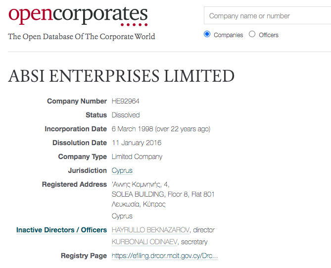 ABSI Enterprises and ABSI Securities in Cyprus list Hayrullo Beknazarov as director and Kurbonali Odinaev as secretaryABSI Enterprises Cyprus https://opencorporates.com/companies/cy/HE92964ABSI Securities Cyprus https://opencorporates.com/companies/cy/HE84658