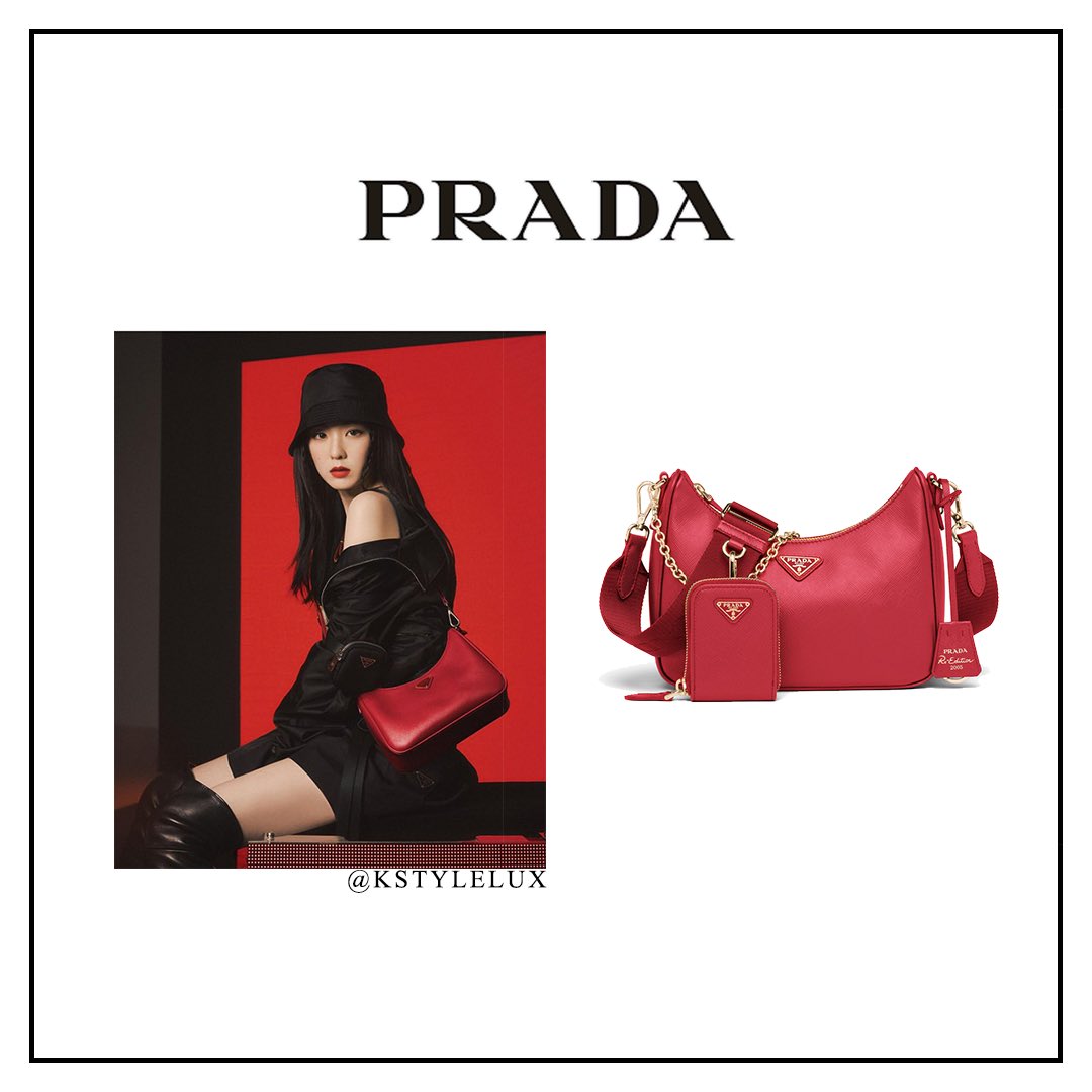 kstyelux on X: Designer: Prada Bag: Prada Re-Edition 2005 Saffiano leather  bag Color: Fiery Red Carried by: Irene @/renebaebae on Instagram .  Accessories interchanged by stylist Photos belong to their rightful owners  . #